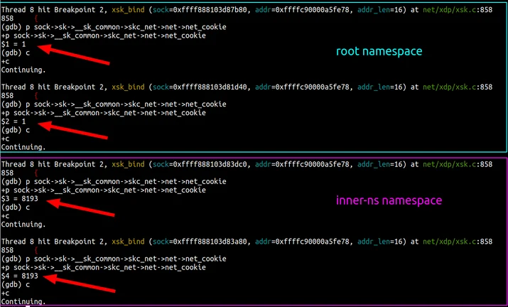 gdb system view of the xsk_bind breakpoint hits