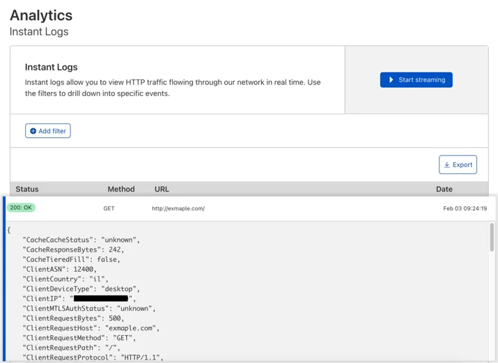 Screenshot showing the Instant Logs dashboard with an expanded row showing details about a request