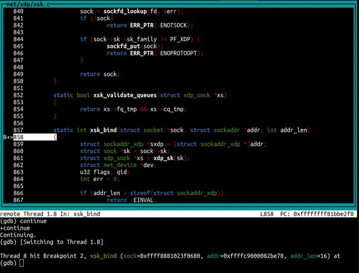 gdb with breakpoint hit at xsk_bind