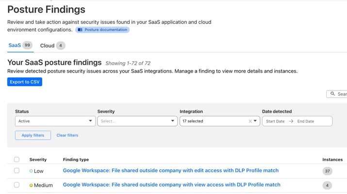A screenshot of the Posture Findings page where examples of SaaS insights types are highlighted with corresponding severity and instances of matches.