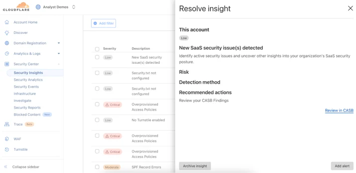 A screenshot of the Security Insights page where examples of SaaS issues types are highlighted with corresponding severity.