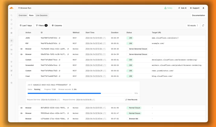 Browser Run dashboard Runs tab with browser sessions and quick actions visible in one list, and an expanded crawl job showing running status and progress